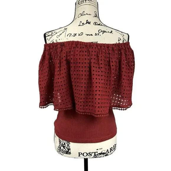 Anthropologie The Odells Off the Shoulder Eyelet Brick Color Blouse, Small - Picture 2 of 12